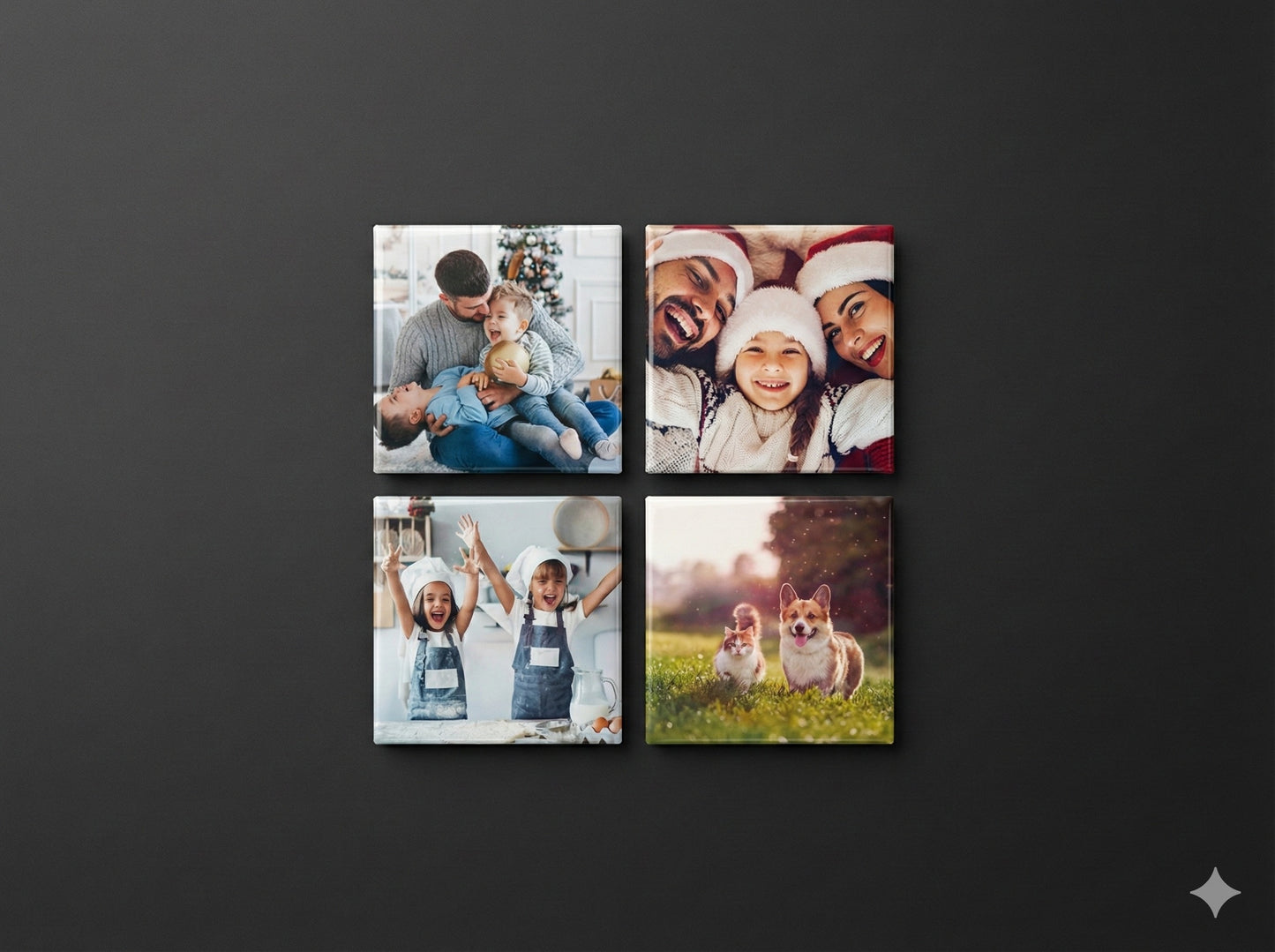 Four square 2x2 custom photo magnets displayed on a black background showing high-quality glossy print finish.