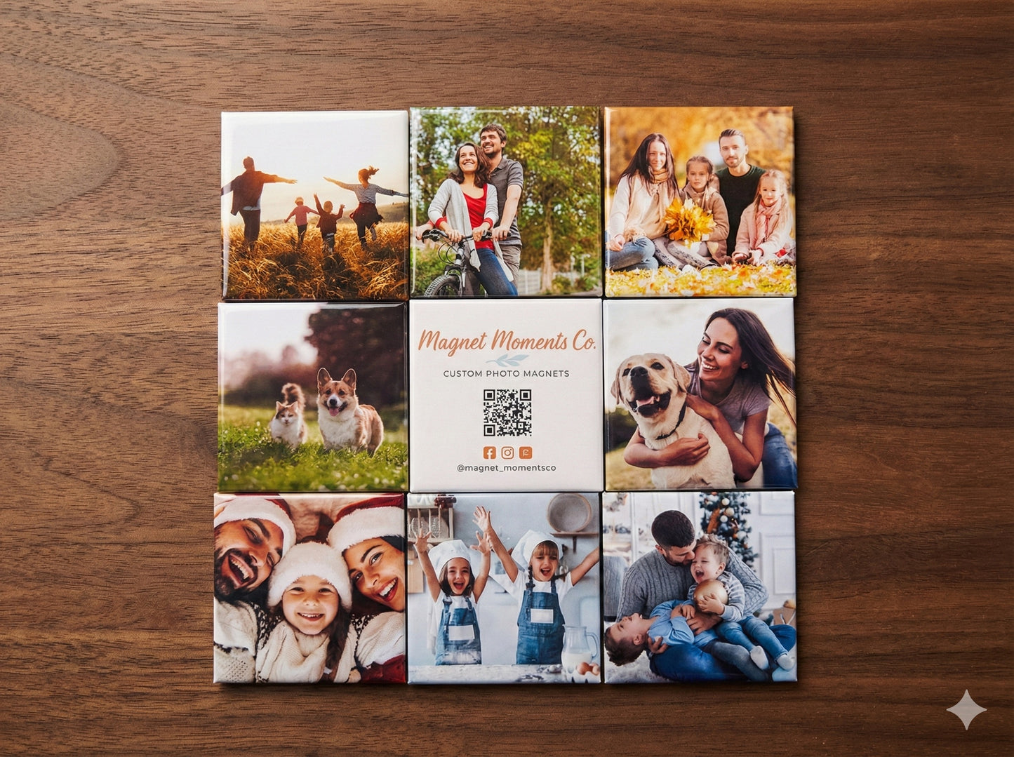Personalized photo magnets scattered on a wooden table, perfect for custom gifts and keepsakes.