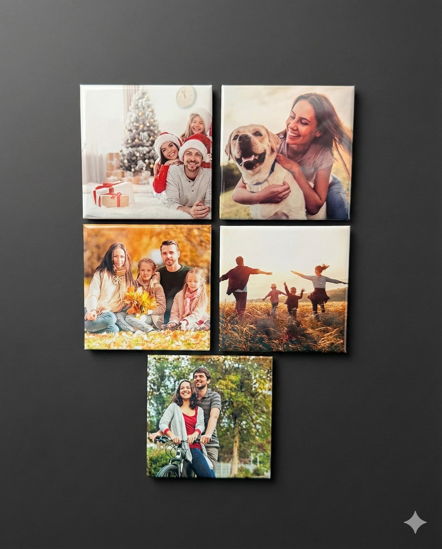 Five square 2x2 custom photo magnets displayed on a black background showing high-quality glossy print finish.