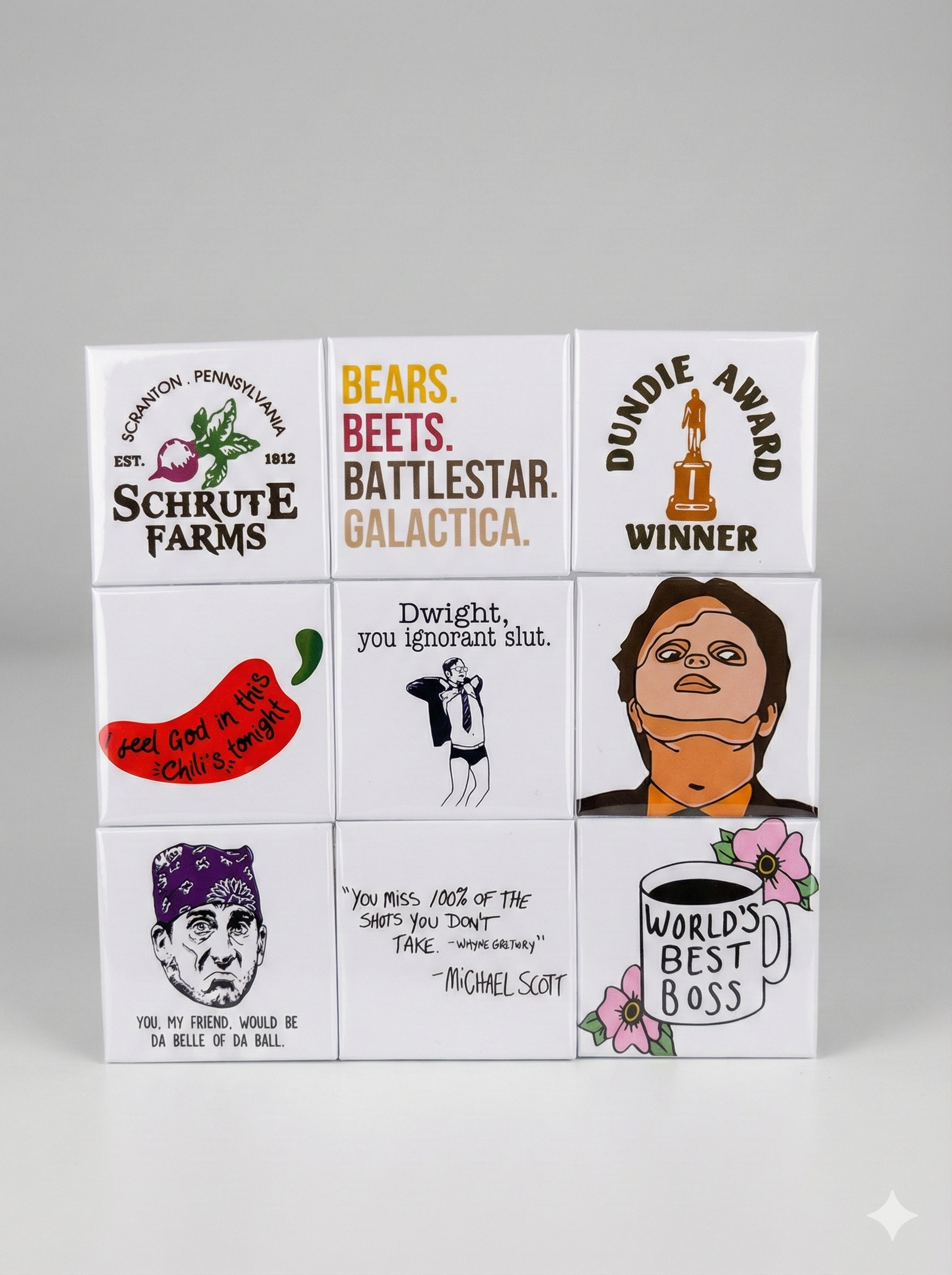 The Office TV show 9-piece fridge magnet set featuring Dwight Schrute and Michael Scott.