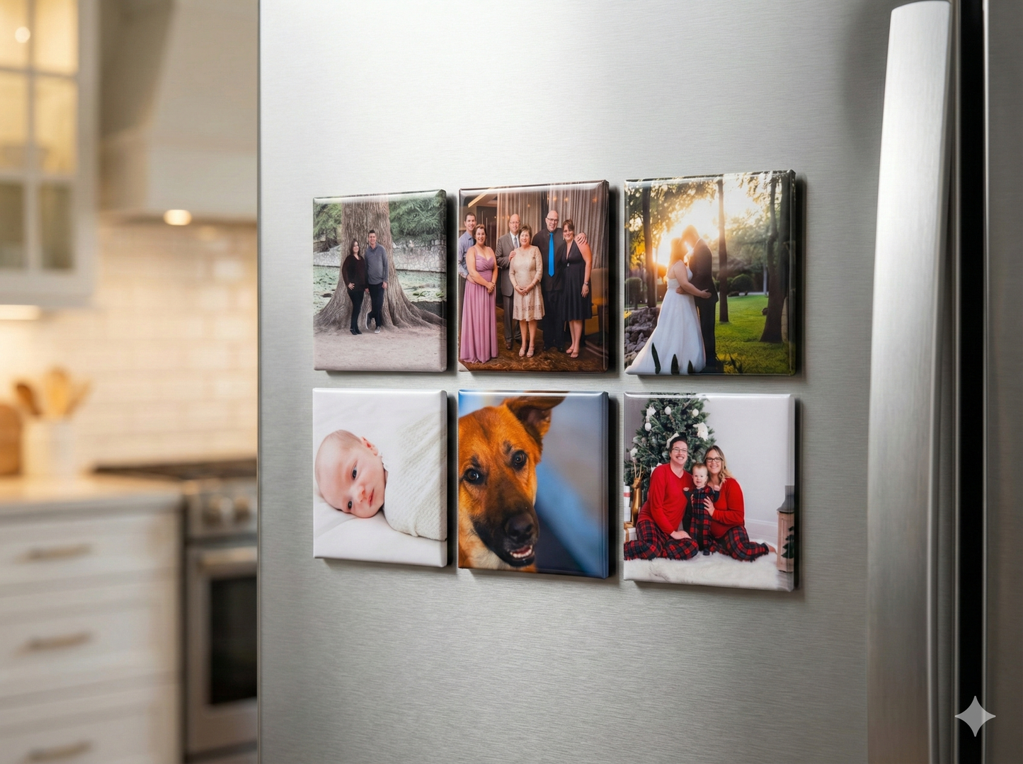 Set of six custom photo magnets arranged on a stainless steel refrigerator featuring wedding, family, and pet portraits.